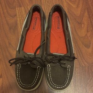 Sperry Dark Brown Boat Shoes with Orange Insoles